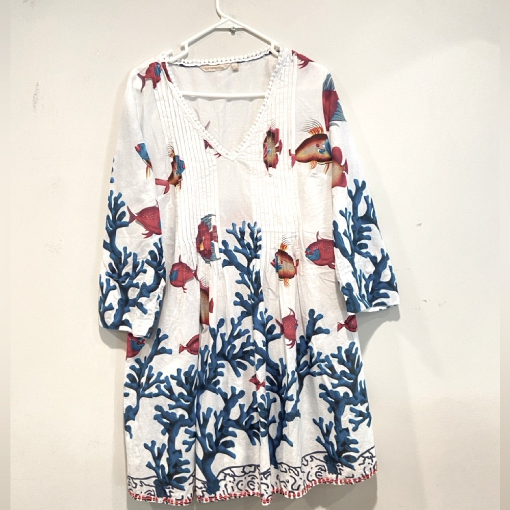 Soft Surroundings tunic dress /beach coverup with coral and sealife design